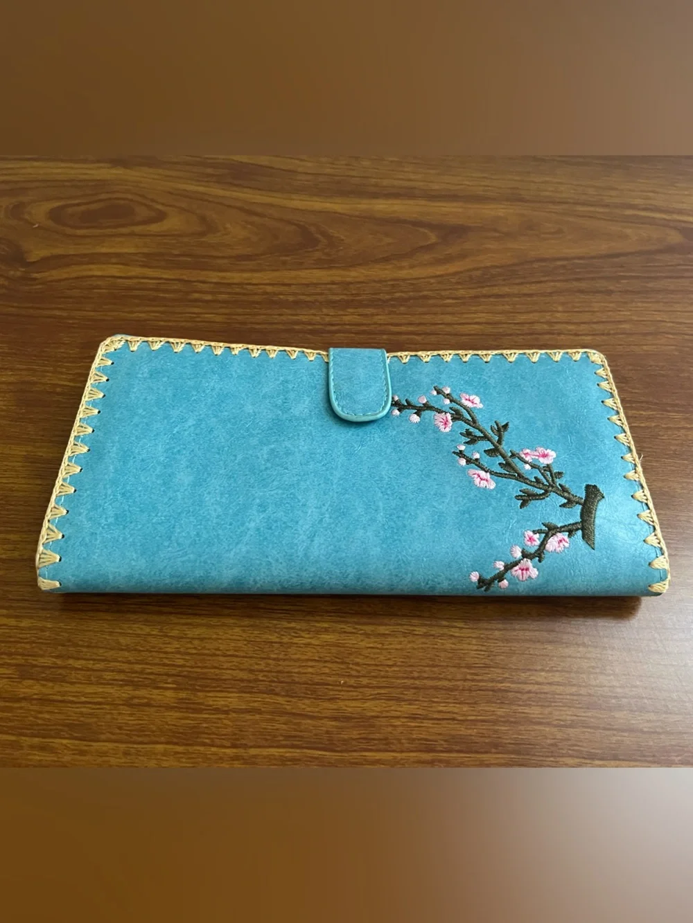 NWOT Sakura Embroidered Cherry Blossom Long Wallet Floral Clutch Woven Blue Snap
